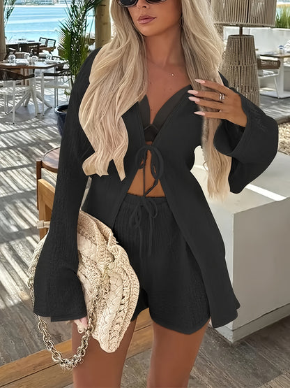 Women’s Solid Color Tie-Front Long Sleeve Top & Shorts Set