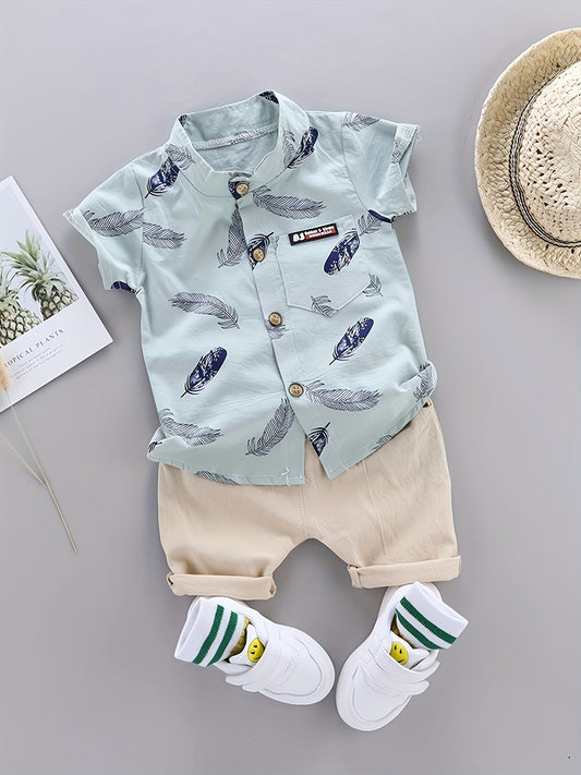 Toddler Summer Cotton Feather Print Shirt & Shorts Set - ayq