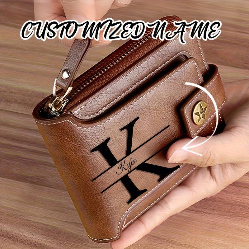 Customized Men's PU Wallet with Premium Vintage Zipper Design, Multi-Layer Coin and Card Holder, Compact Credit Slot & Coin Purse. Ideal Personal Gift for Daily Use as a Fashion Accessory