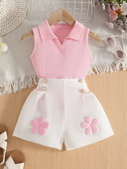 Girls' Sleeveless V-Neck Top & White Shorts Summer Set