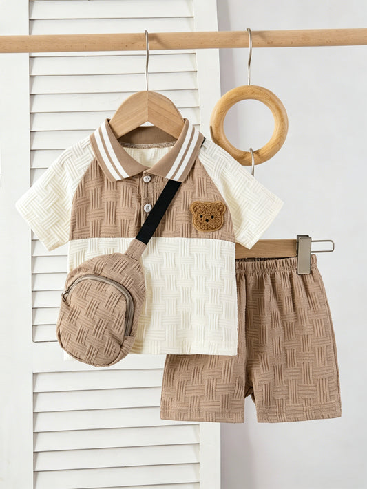Boys' Summer Casual 3-Piece Set with Bear Patch & Shorts