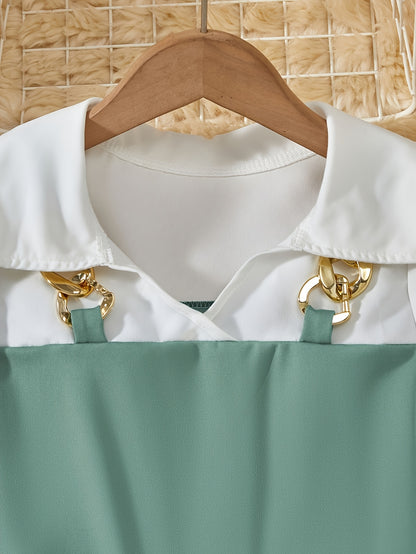 Girls' Casual Short-Sleeve Dress with Golden Chain Accent