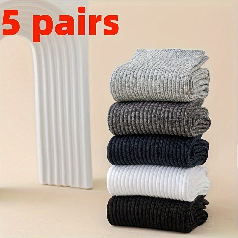 Men's Solid Color Crew Socks, Sweat-Absorbent & Breathable