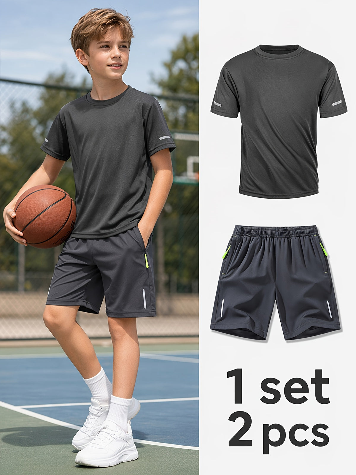 Boys' Quick-Dry Summer Shirt & Shorts Set with Reflective Strips