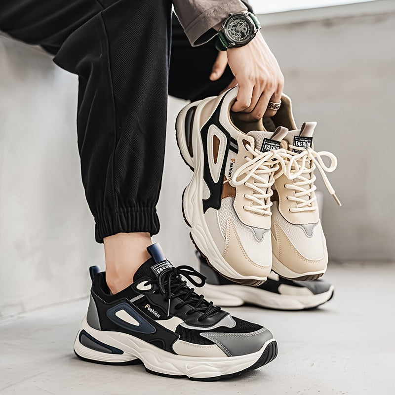 Men's Fashion Sneakers - White/Black/Brown PU Upper, Breathable Fabric Lining  Cushioned EVA Insole, Durable PVC Sole, Lace-Up Mid-Top Design for All-Season Casual  Daily Wear, High Top Sneakers, Versatile Footwear, Modern