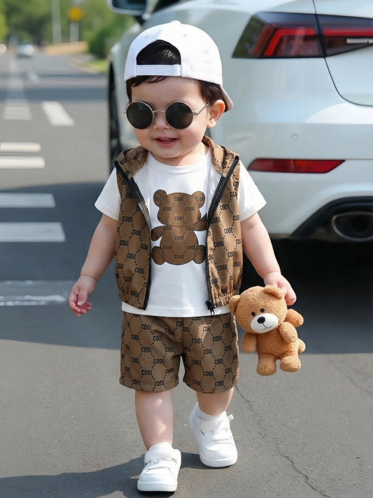 Boys' Summer 3-Piece Alphabet Print T-Shirt & Shorts Set - ayq