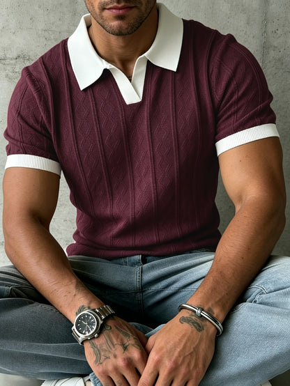 Men's Jacquard Knit Short Sleeve Polo with Contrast Collar