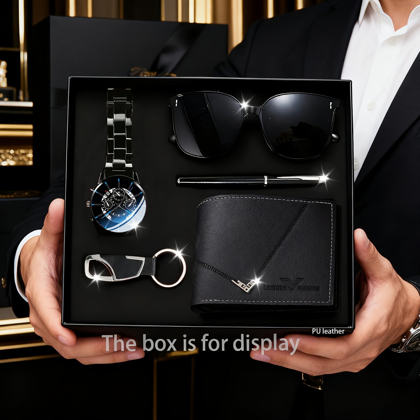 HIKUN 5pcs Men's Luxury Accessory Gift Set - Watch, Wallet, Keychain, Fashion Glasses, Pen Bundle with Zinc Alloy Strap & Quartz Movement Watch - /Anniversary Gift for Him, Dad, Boyfriend (Complete Surprise Set)