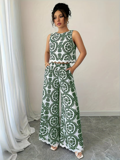 2pcs Women's Plant Pattern Round Neck Sleeveless Top and Pants Set