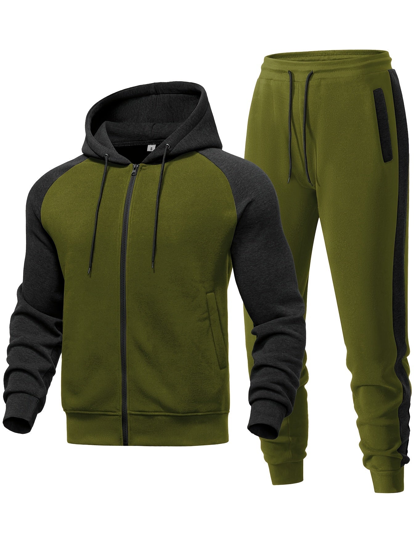 Men'S Casual Sports Hoodie Two-Piece Set with a Color-Blocked Design, Featuring a Zip And Drawstring Waist, Suitable for Jogging in All Seasons