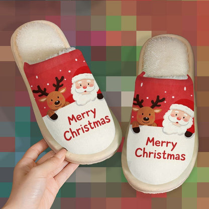 Santa Claus & Reindeer "Merry Christmas" Women's & Men's Home Slippers, Christmas Gift, Couple's Indoor Slippers, Super Comfortable Printed Slippers for Autumn & Winter,  Cozy Homewear, Christmas Design, Festive Print, Comfor