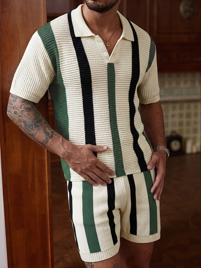 Men's Casual Striped Knit Short Sleeve T-Shirt & Shorts Set
