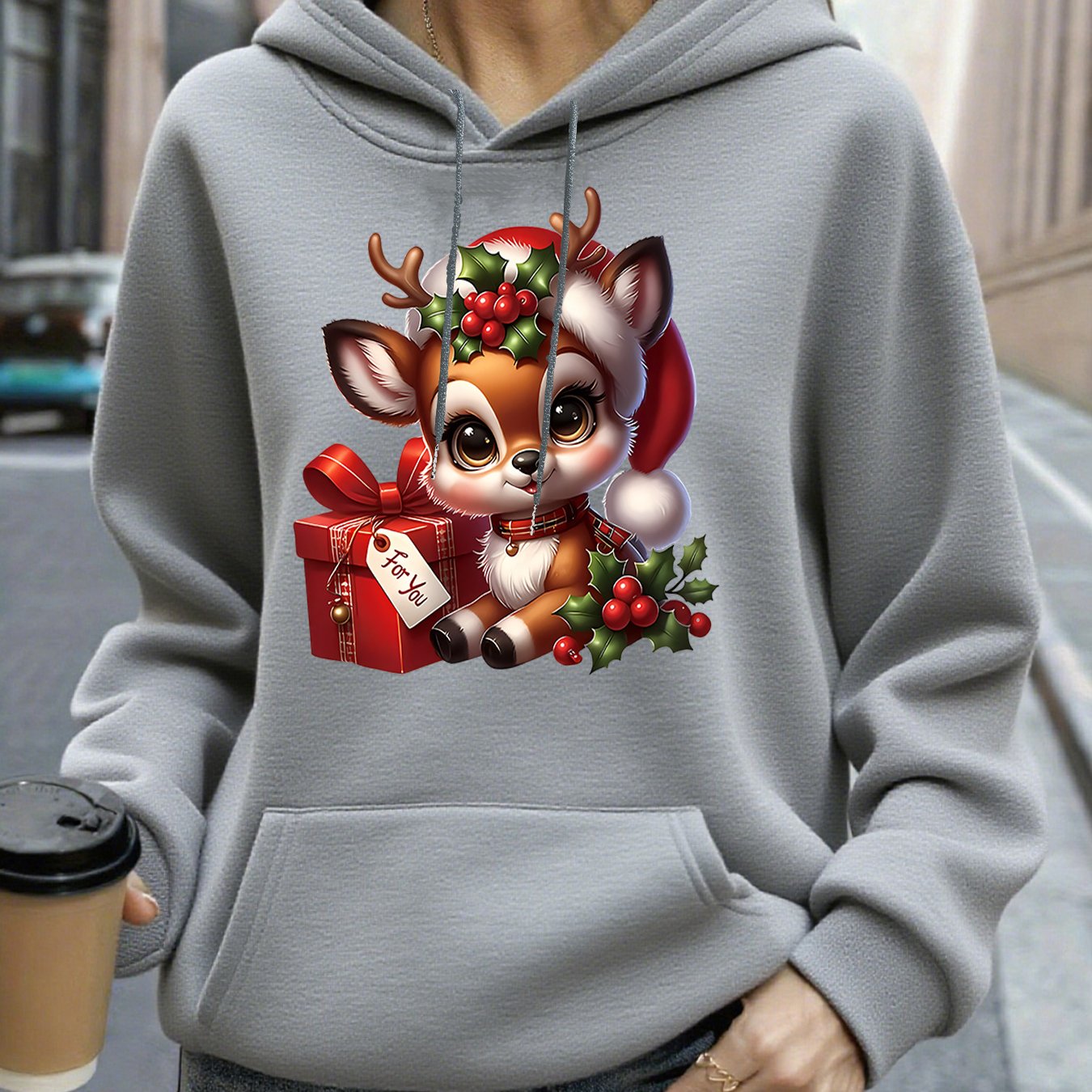 Women's Christmas Deer & Reindeer Print Hoodie - Cozy Winter Pullover Sweatshirt with Cute Deer Headband-Like Hood, Slim-Fit Casual Jacket for Holiday Parties, Xmas Outfits & Cold Weather (Machine Washable), Fall Clothes For