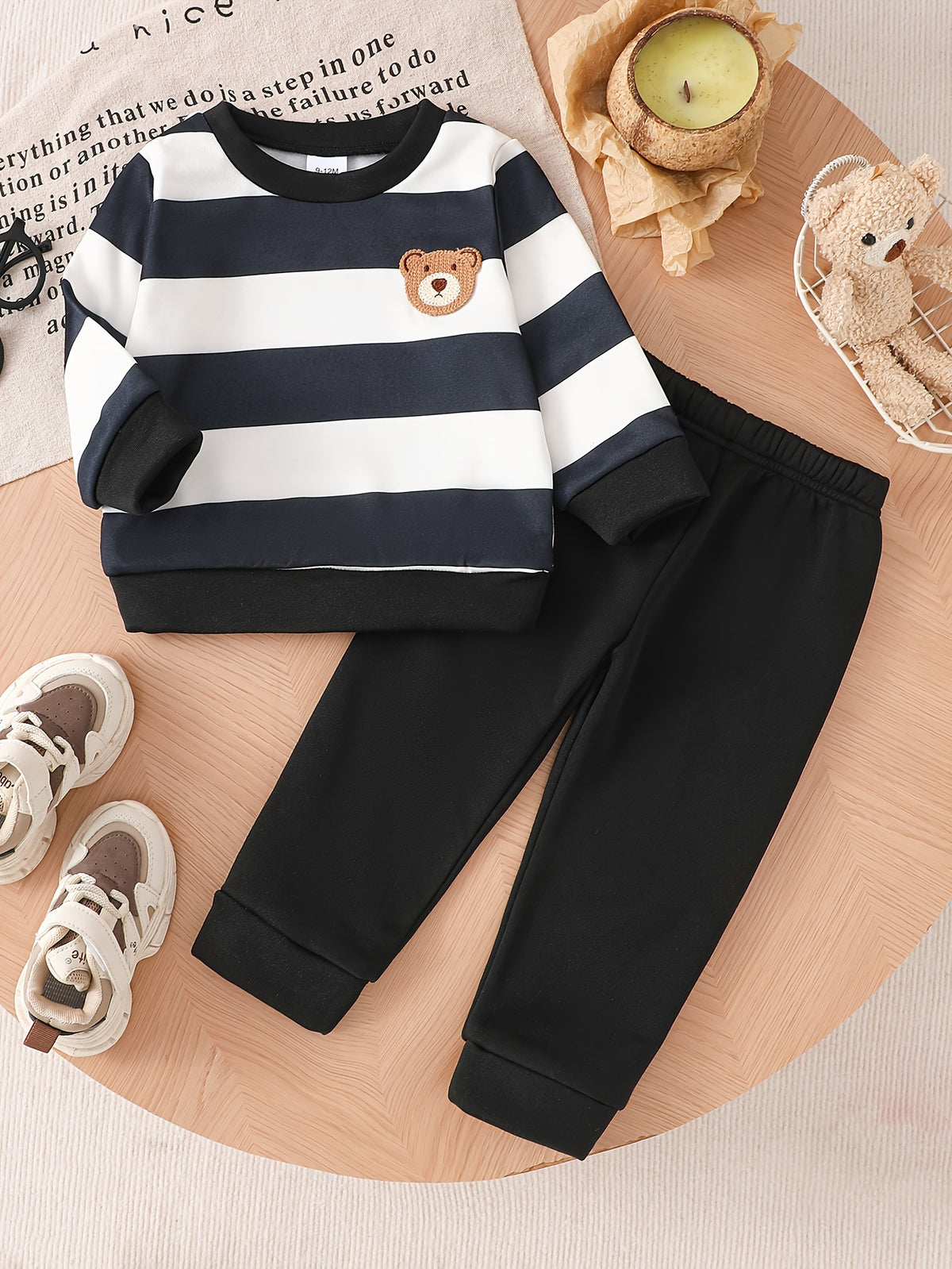Baby Boy Fall Winter Striped Velvet Sweatshirt and Pants Set - ayq