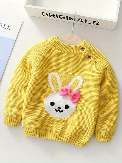 Girls' Knit Bunny Pullover Sweater with Bow - Warm Winter Cotton