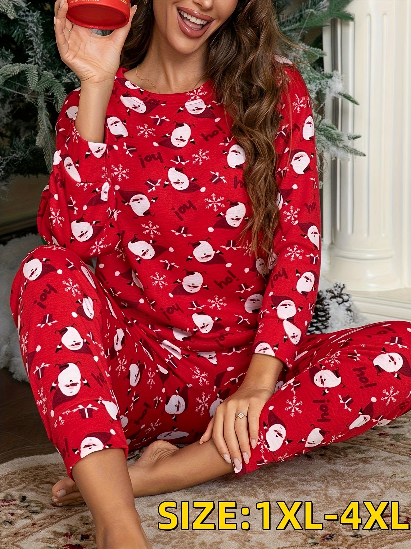 Plus Size Autumn-Winter Santa Claus Pattern Pajama Set, Women's Tweed Style Festive Party Loungewear Outfit