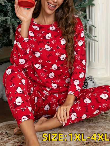Plus Size Autumn-Winter Santa Claus Pattern Pajama Set, Women's Tweed Style Festive Party Loungewear Outfit