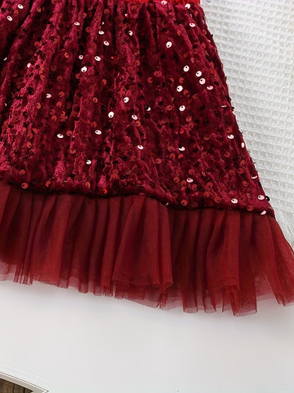 2pcs Girls' Elegant Sequin Trim Sweater & Sparkle Tulle Tutu Skirt Set - Red & Golden Glittery Party Outfit with Ruffled Hem, Long Sleeve Round Neck Top & Layered Tulle, Perfect For Halloween, Christmas, Photo Shoots, Pageant