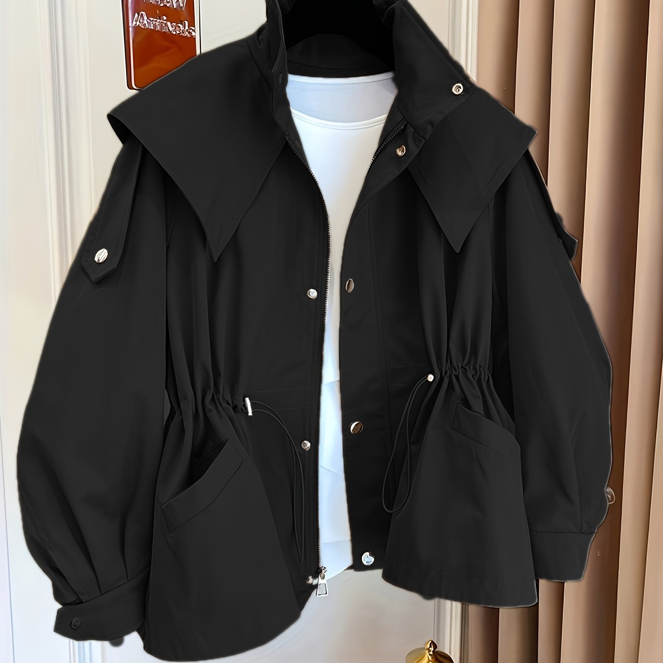 Women'S Casual Solid Color Polyester Overcoat with Drawstring Waist, Lapel Collar, and Chest Pockets - Spring and Fall Fashion, Comfortable, Non-Stretch Fabric, Casual Outerwear | Classic Long Sleeve | Nonstretch Materia