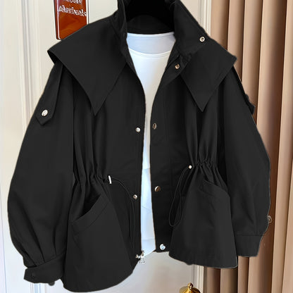 Women'S Casual Solid Color Polyester Overcoat with Drawstring Waist, Lapel Collar, and Chest Pockets - Spring and Fall Fashion, Comfortable, Non-Stretch Fabric, Casual Outerwear | Classic Long Sleeve | Nonstretch Materia