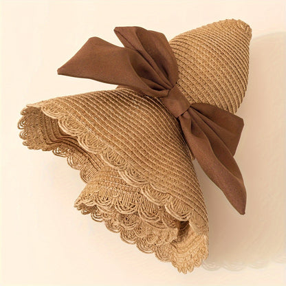 Women's Khaki Straw Hat with Bow – Lightweight Summer Beach Hat
