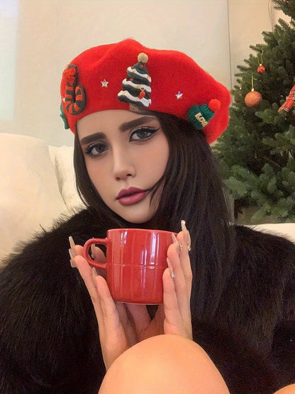 Women's Red Christmas Beret Hat with 3D Christmas Tree Decorations - Elastic Drawstring Closure, Lightweight Warm Winter Hat for Holiday Parties, Photo Shoots, Valentine's & New Year's Eve - Festive Movie-Inspired Fashion Acc