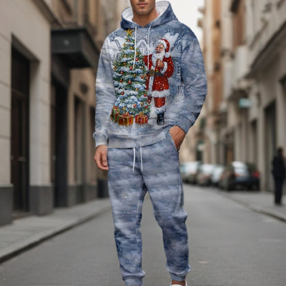 Men'S Trendy Fitness Outdoor Home Hoodie 2pcs Set, Snowy Santa Claus 3D Print, Regular Fit, Stretchy Fabric, Versatile Style, Spring/Autumn/Winter Men'S Hoodie, Knit, Outdoor Hoodie, Casual Wear, Trendy Hoodie, Durable Fabric