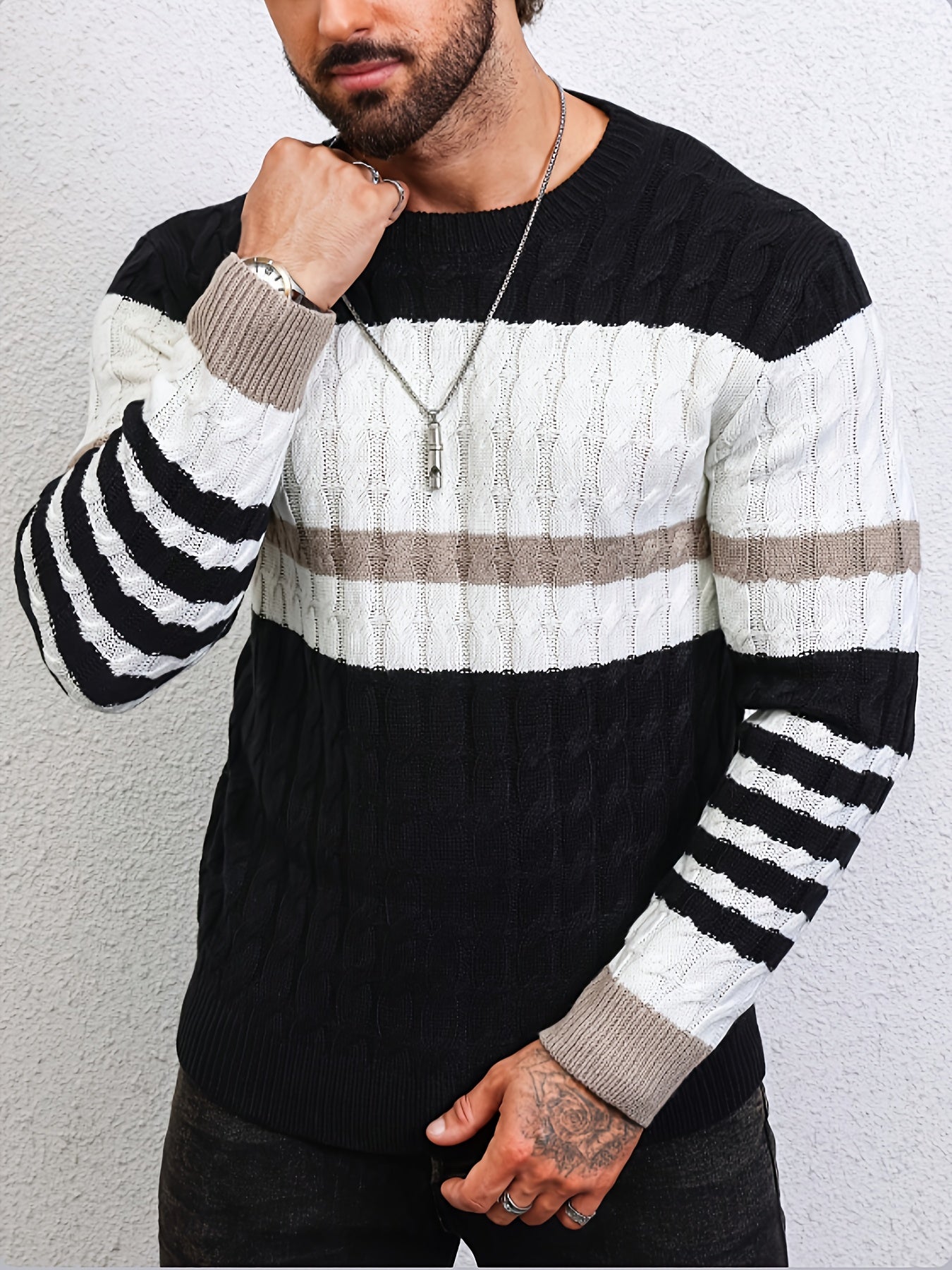 Stylish Color-Blocked Striped Cable-Knit Sweater