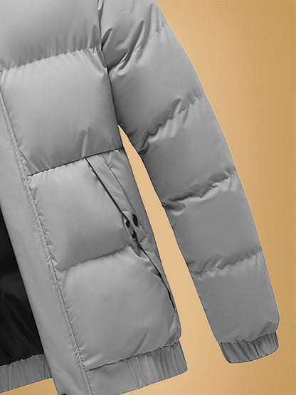 Men's Heavy-Duty Thermal Jacket - Winter Outerwear with Stand Collar & Full-Length Zipper Closure, Black/White Coat with Lettering - Machine Washable Cold Weather Jacket for Men (Casual & Formal) - Ideal for Skiing, Snowboard