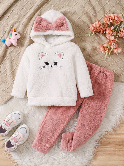 [1 Set] Cute Cat Embroidery Print Long Sleeve Hooded Fuzzy Sweatshirt Top + Pants, Girls Outfit For Fall/ Winter, Casual Outings Gift
