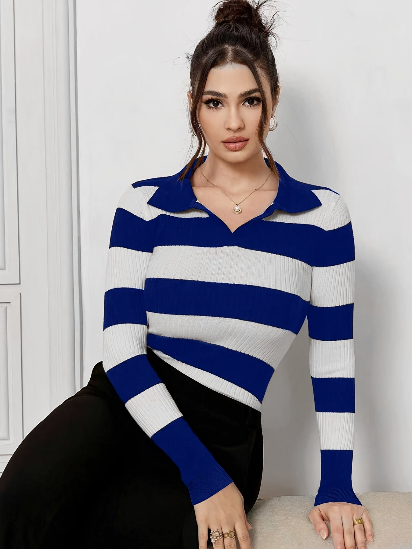 Elegant Color Block Striped Pullover Sweater with Lapel Collar