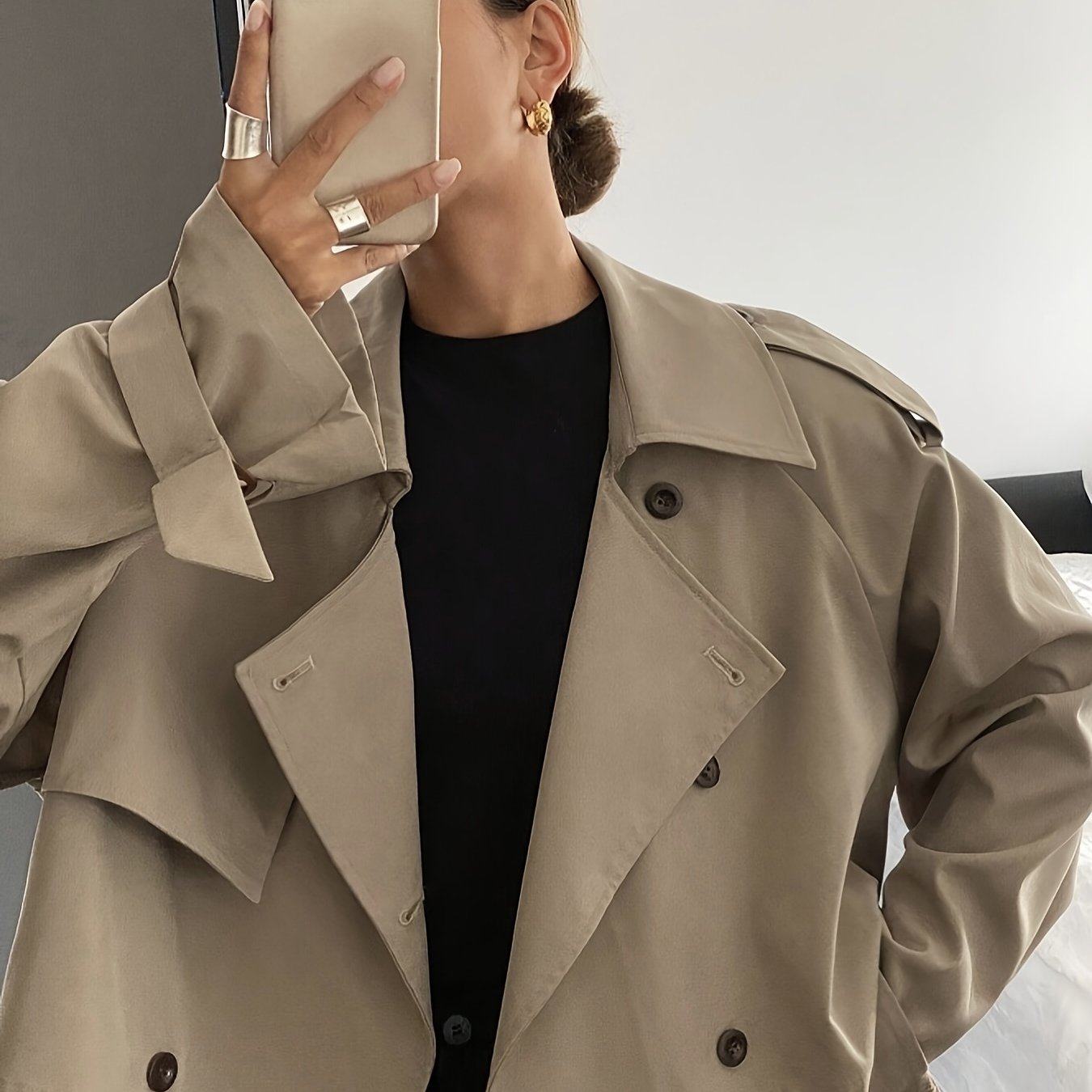 Women's Spring/Autumn Solid Color Simple Loose Casual Short Long Sleeve Trench Coat