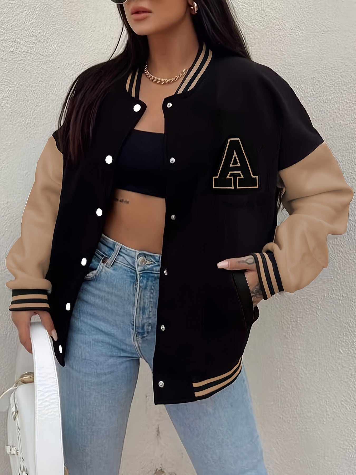 Women'S Casual Long Sleeve Baseball Jacket with "A" Letter Detail - Black & Beige Two-Tone Design, Button-Up Front, Flap Pockets, Fall/Winter Fashion Outerwear, Autumn Winter Apparel | Buttonup Jacket | Functional Pockets