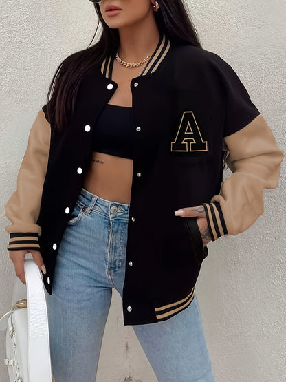 Women'S Casual Long Sleeve Baseball Jacket with "A" Letter Detail - Black & Beige Two-Tone Design, Button-Up Front, Flap Pockets, Fall/Winter Fashion Outerwear, Autumn Winter Apparel | Buttonup Jacket | Functional Pockets