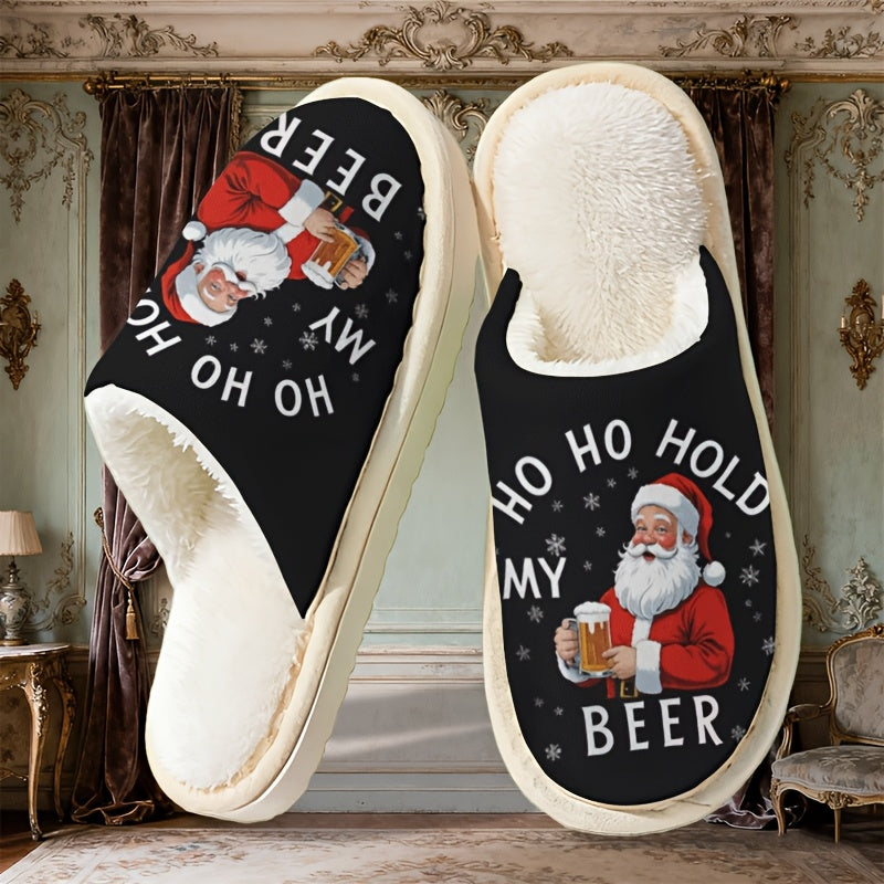 Funny Santa Claus Holding Beer Slippers - Soft Plush Slip-On Indoor House Shoes with Santa & Beer Design, Cozy Winter Footwear for Men & Women, Holiday Party Gift Idea (Hand Washable), Christmas Home Decor
