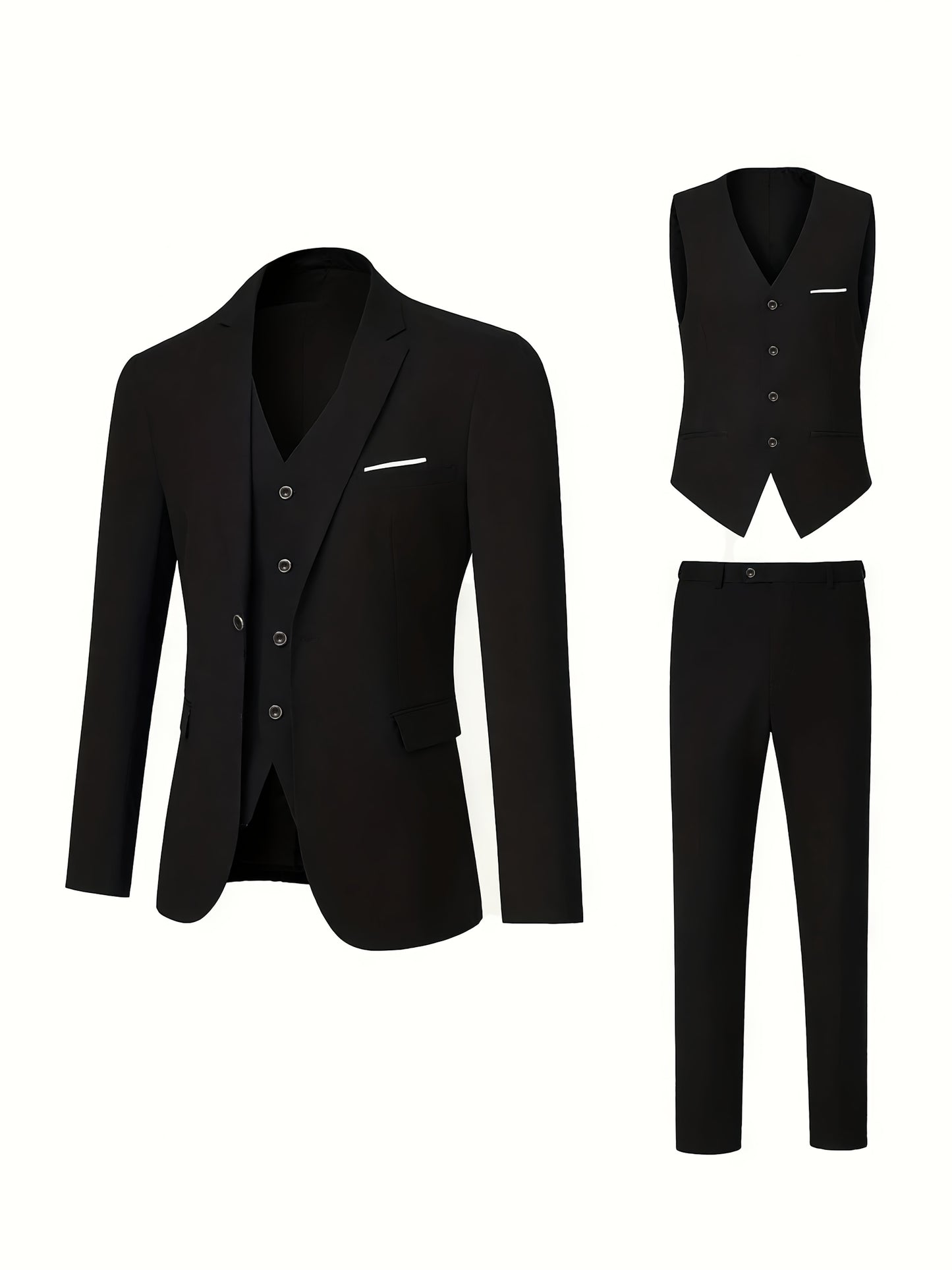 Men's 3-Piece Polyester Suit Set with Jacket, Vest & Trousers