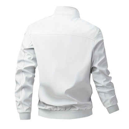 Men's Casual Royal Blue Bomber Jacket - Full Zip, Loose Fit, Polyester, Stand Collar, Long Sleeve, Lightweight & Durable for Spring and Fall, Casual Outerwear | Ribbed Cuff Sleeves | Durable Outerwear