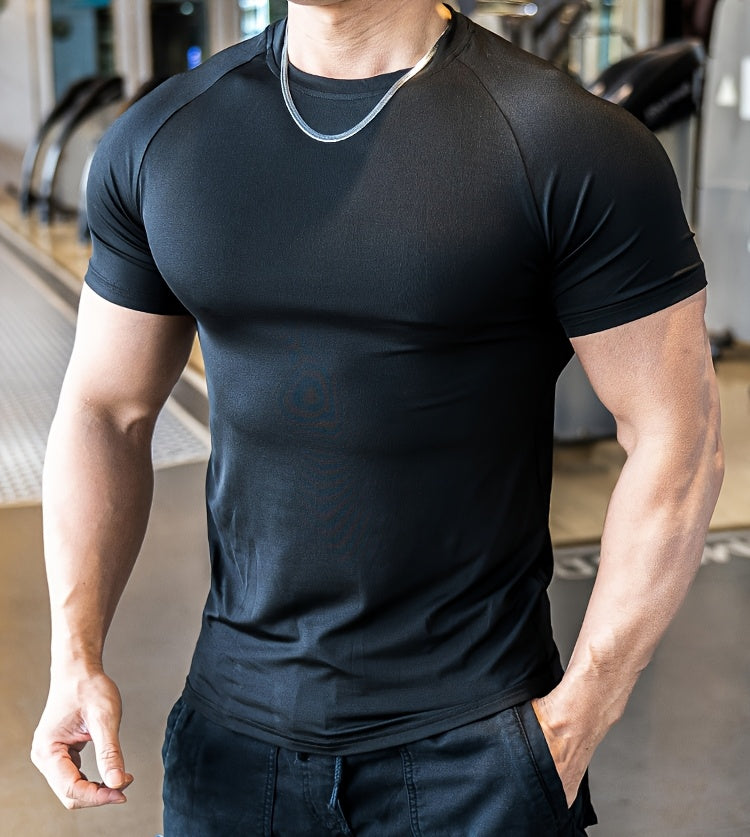 Men'S Slim-Fit Quick-Dry Athletic T-Shirt - Breathable, Stretchy, Solid Color Crew Neck Tee for Gym, Casual Summer Wear, Gym Apparel   Trendy Men'S Tee   Quickdry Materia