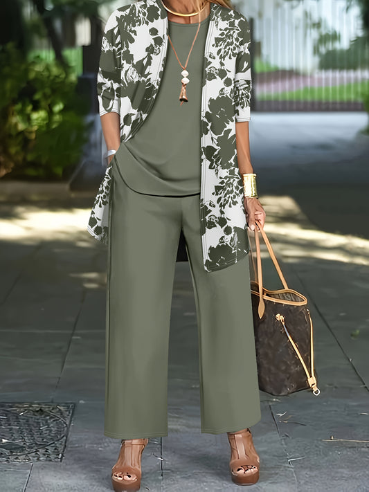 Plus Size, A three-piece set of elegant and unique female plus-size floral printed top and solid-colored vest and trousers