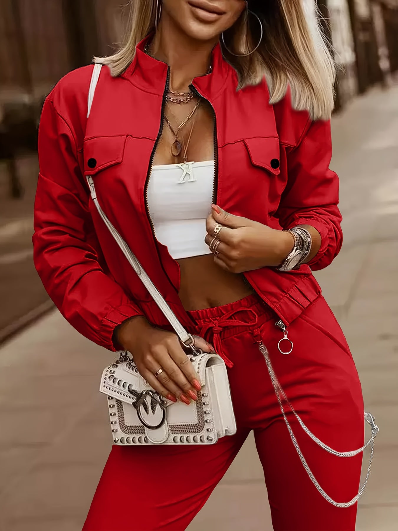 Cross-Border Women'S Two-Piece Set with Zip Long-Sleeve Top And Pants Featuring a Patchwork Zip Design, Casual Outfit