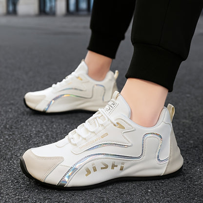 Letter Print. Casual Fashion. Low Top. Lace-Up. Solid Color. Comfortable. Good Grip. Unisex. Multifunctional. Skate Shoes. Men'S Casual Sports Sneakers Breathable, Non-Slip Running Shoes, Soft Sole, Golden And Black Design. G - ayq