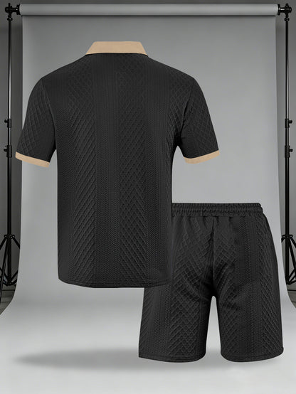 Men's Casual Summer Knitted Polo Set with Geometric Pattern