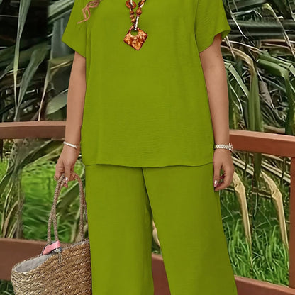 Women's Plus Size Suit, Elegant Solid Color Short Sleeve Top and Wide Leg Pants