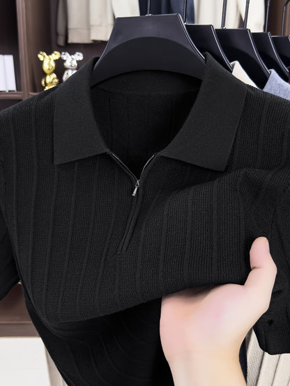 Men's Spring/Fall Knit Polo Shirt with Half-Zip Lapel