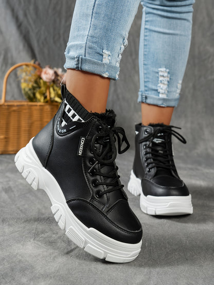 gfhfgjjfg Women's Casual High-Top Platform Ankle Boots with Lace-Up Closure, Thick Rubber Sole & Faux Cover Upper - Winter Warm Round Toe Boots for Casual Attire (Black/White/Beige), Comfortable Footwear, Durable Traction Foo