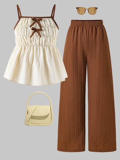 Girls' Casual Bow Tie Camisole & Solid Pants Set for Spring-Summer