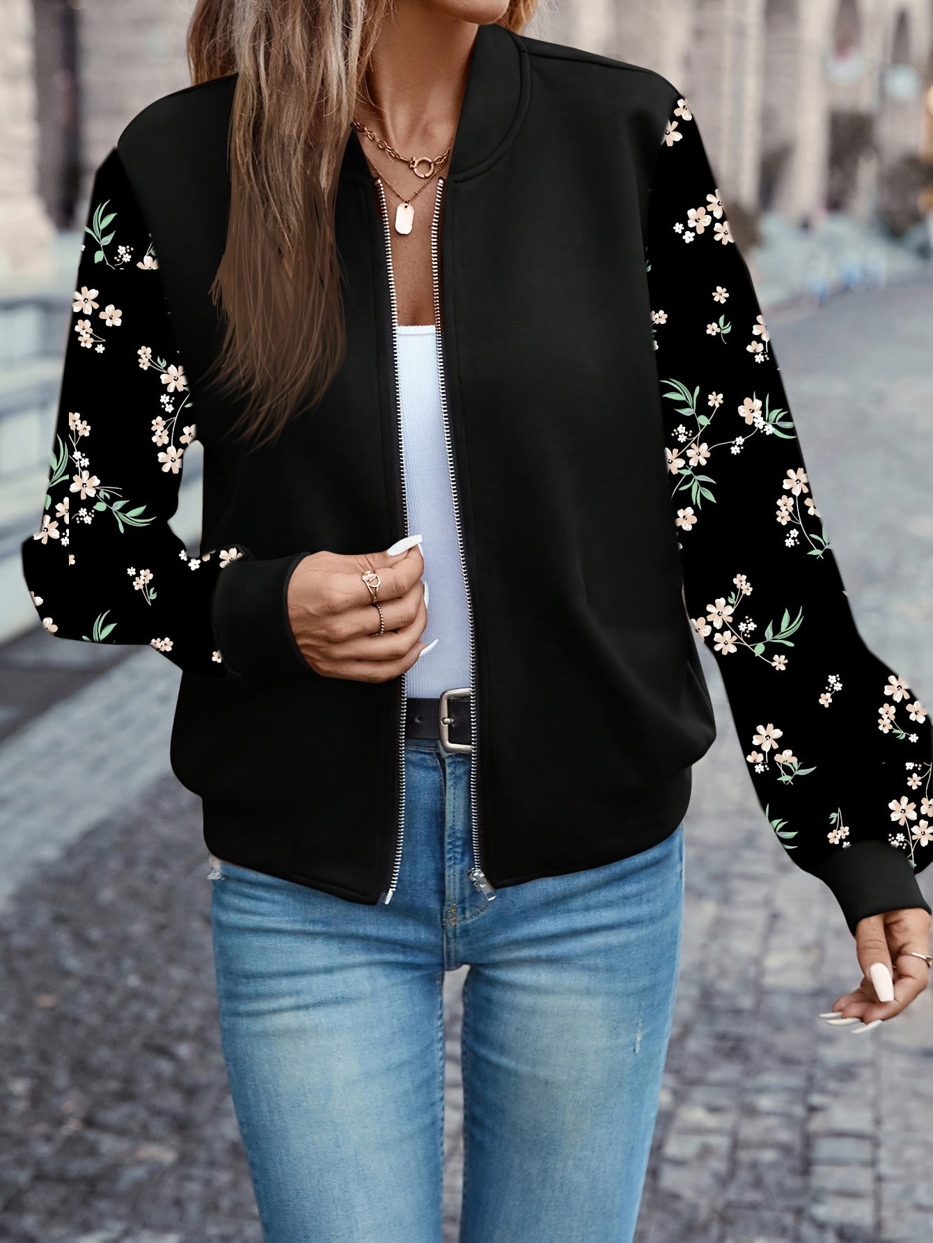 Women's Elegant Black Floral Print Full-Zip Jacket with Puffed Sleeve & Stand Collar - Full-Length Coat for Fall, Office, Shopping, Casual Outfits - Machine Washable Structured Outerwear with Full-Length Zipper Closure & Ruff