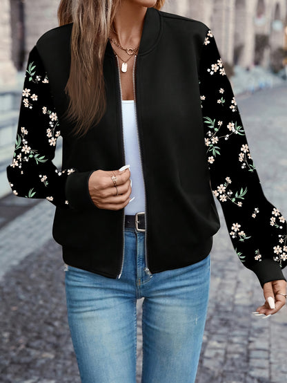 Women's Elegant Black Floral Print Full-Zip Jacket with Puffed Sleeve & Stand Collar - Full-Length Coat for Fall, Office, Shopping, Casual Outfits - Machine Washable Structured Outerwear with Full-Length Zipper Closure & Ruff
