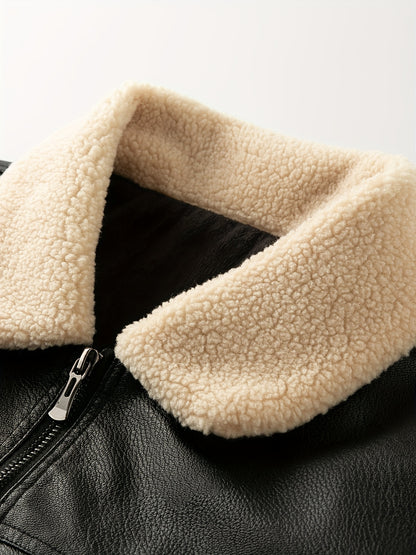 Men'S Faux Leather Bomber Jacket with Fleece Lining - Casual Motorcycle Style, Zip-Up, Long Sleeve, Drop Shoulder, Polyester Lining, Regular Fit, Outdoor & Hiking Wear, Outdoor Jacket | Bomber Jacket | Polyester Lined Jacket