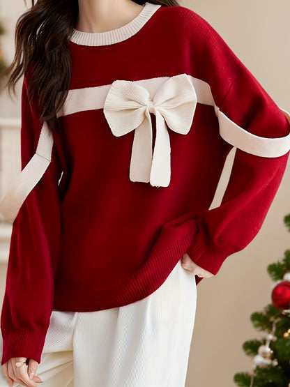 Women'S Elegant Red Sweater with Large Bow Detail - Cozy Crew Neck, Long Sleeve, Ribbed Texture, Perfect for Fall/Winter, Versatile Fashion Top, Winter Fashion Top|Elegant Knitwear|Ribbed Texture Sweater